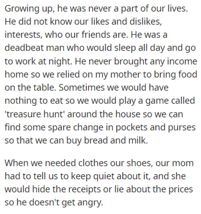 OP's father was never involved in his daughter's lives