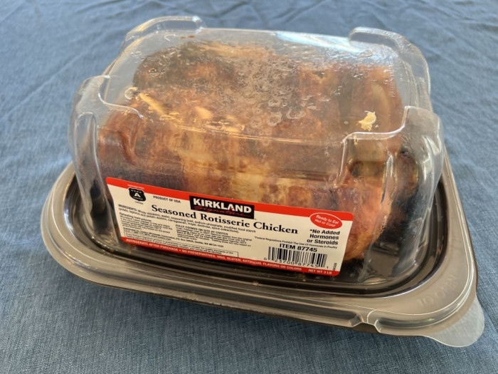 Close-up of Costco rotisserie chicken label, showing updated labeling for consistency