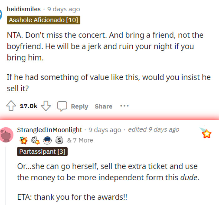 People came to the comments telling OP that her boyfriend is in the wrong and that she should go to the concert and enjoy herself.