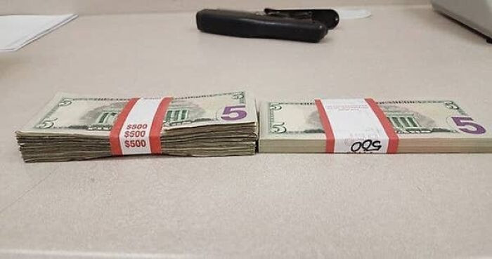 "A Stack Of Old $5 Bills Compared To A Stack Of New Ones"