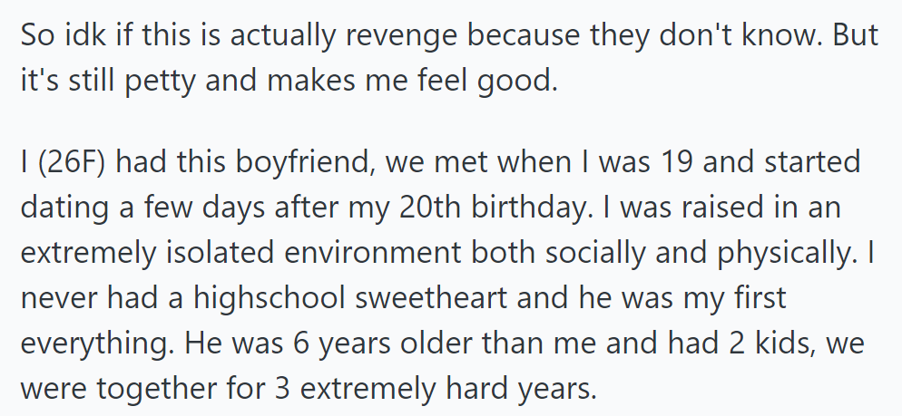OP Reflects on Tough 3-Year Relationship, Finds Secret Satisfaction, Unsure if It Counts as Revenge Since Their Partner Is Unaware.
