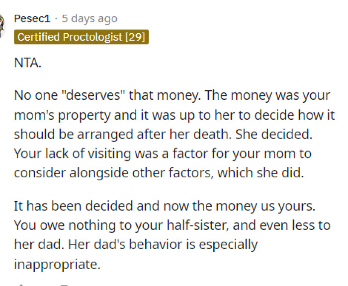 Nobody deserves that money technically, and we definitely think that OP should just take the money because nobody technically deserves it.