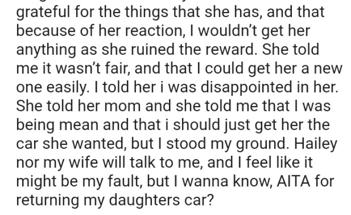 The Mom Told the OP That He Should Just Get Their Daughter the Car She Wanted, but He Stood His Ground