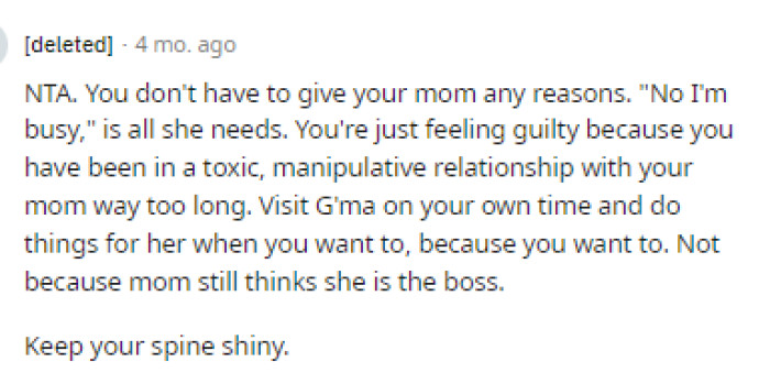 In the end, it seems like everyone is on the same page here about OP and how she's NTA in this situation at all.