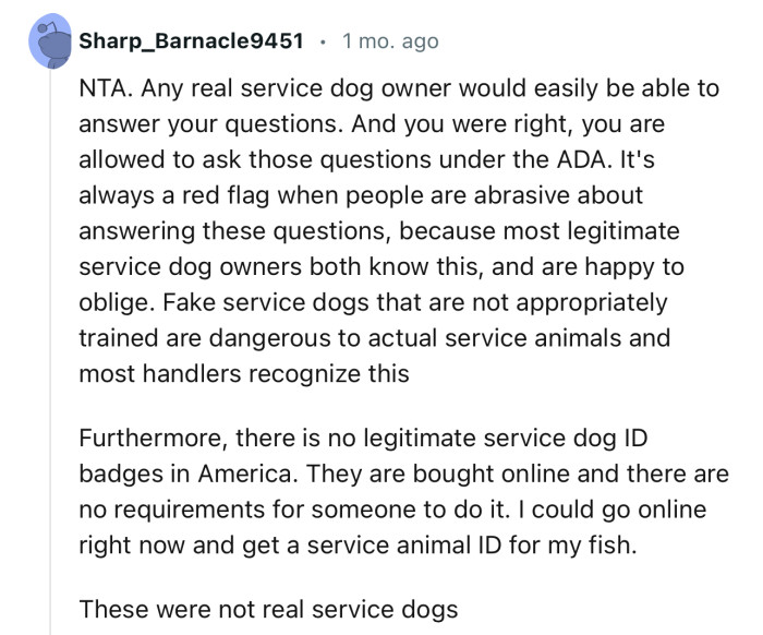 “NTA. Any real service dog owner would easily be able to answer your questions.”