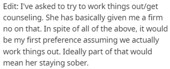 OP suggested counseling, but she gave him a resounding 