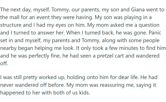 During a family outing, a minor incident involving OP's son led to Giana's judgmental comments escalating.