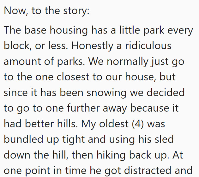 This is when she gets into the details of the actual story and what happened when she took her toddler to the park.