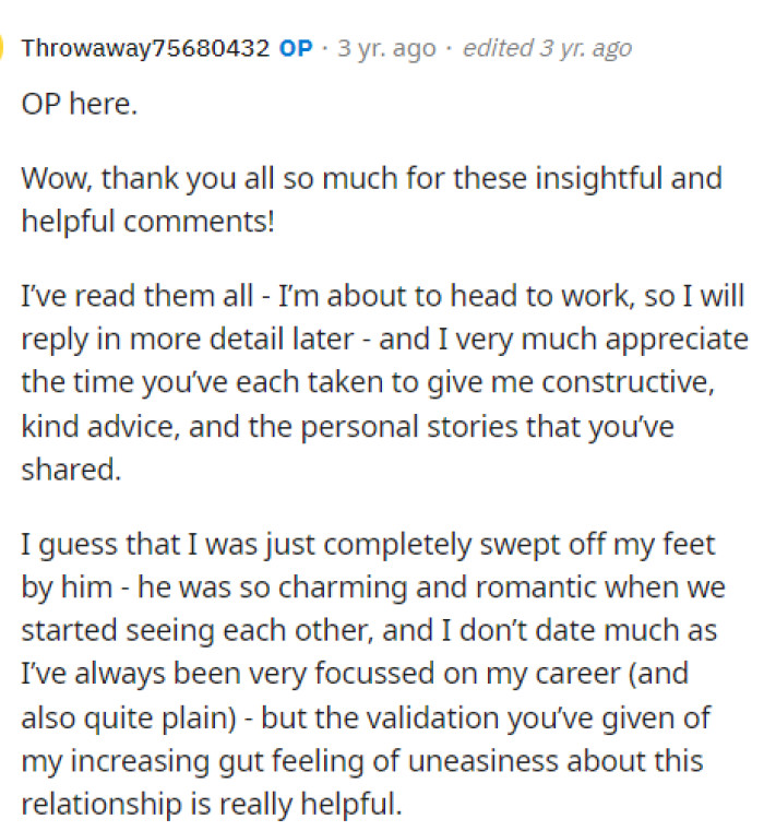 OP then responds in the comments and thanks everyone for all their advice, while also giving us more insight into her relationship and how they feel.