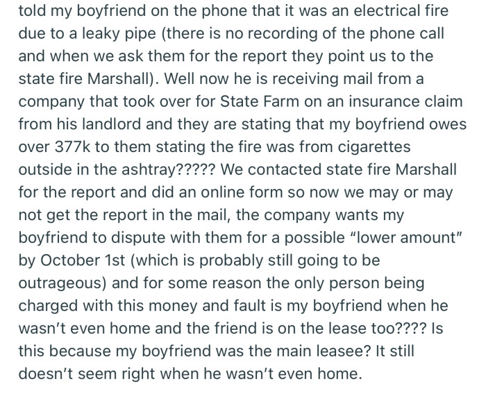 OP’s boyfriend has been slammed with an insurance claim from his landlord to the tune of $377k