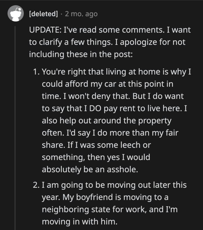 Ultimately, OP is set on moving out of her parents' house by the end of the year.