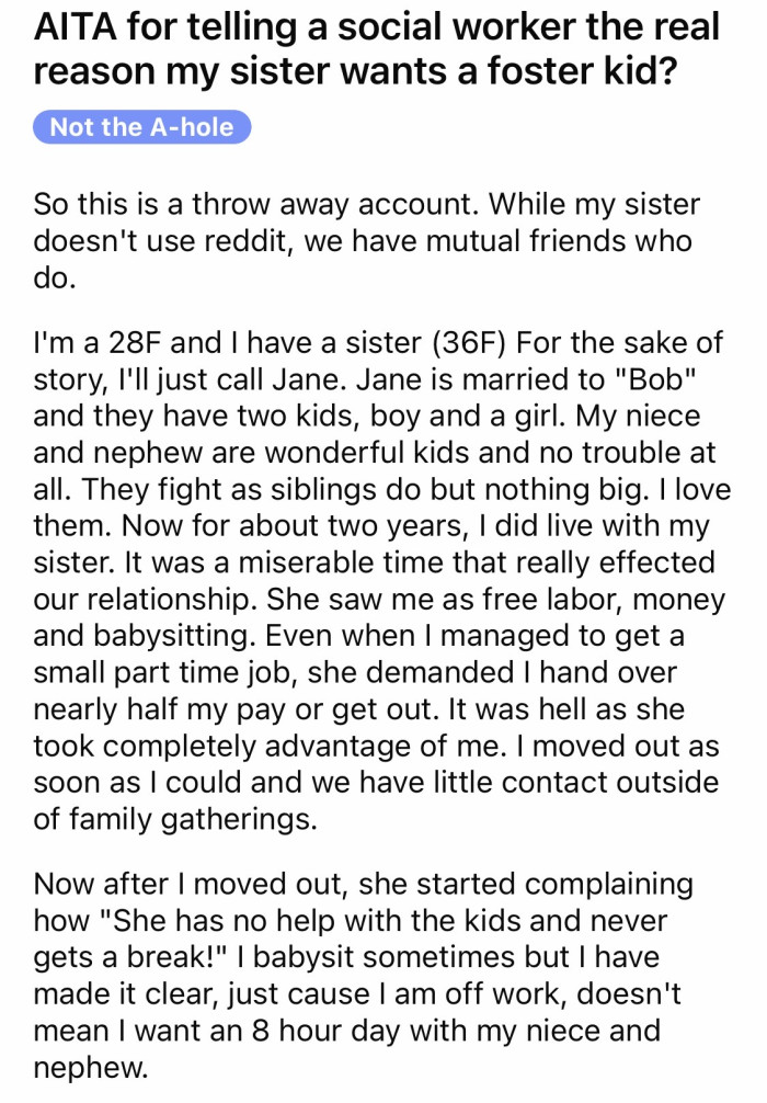 1. OP used to live with her older sister.