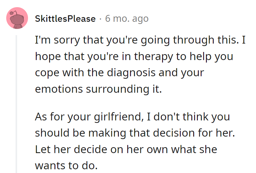 In therapy's embrace, he navigates the diagnosis. Her choice, her journey ahead.