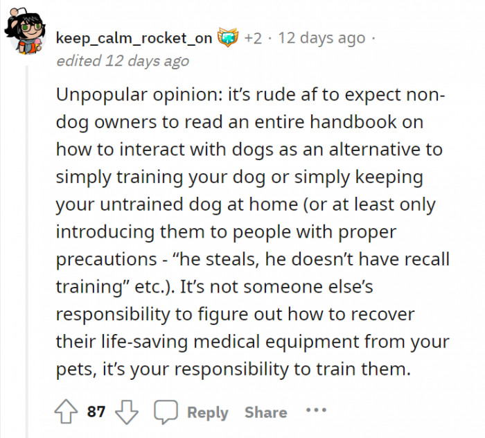 Proper pet responsibility must be implemented. Don't expect non-dog owners to know how to interact with dogs as an alternative—is this good advice?