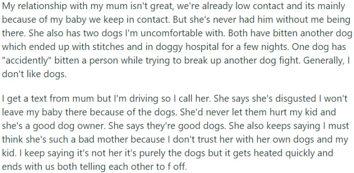 An argument ensues over leaving the baby with dogs