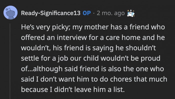 OP's mom used her connections to help him find a job, but even when those doors opened, nothing was good enough for OP's BF