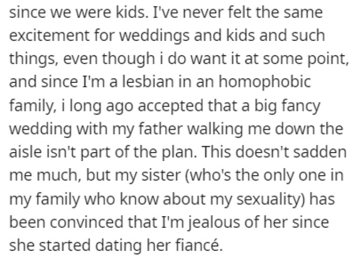 OP is a lesbian and she's accepted the fact that she won't have a fancy wedding because of her homophobic family
