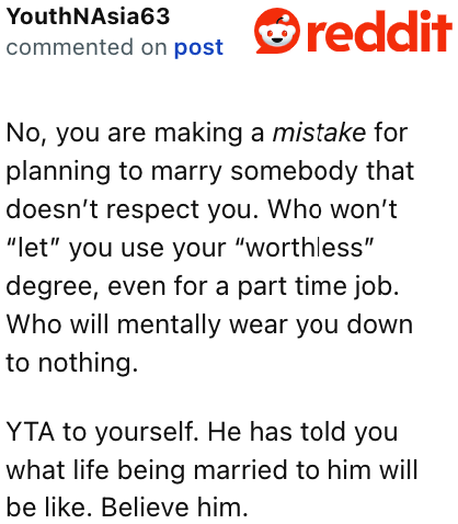 Redditors believe that marrying this guy would be a huge mistake.