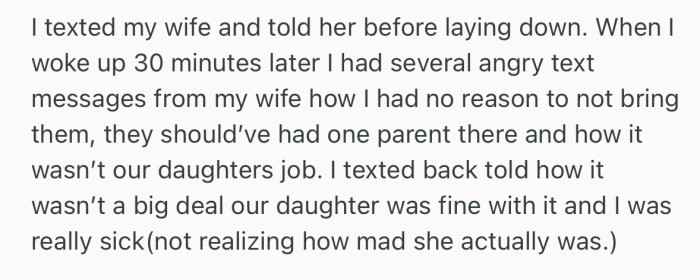 He informed his wife about the new arrangement via text before sleeping, only to wake up to angry replies about letting the kids go without a parent by their side