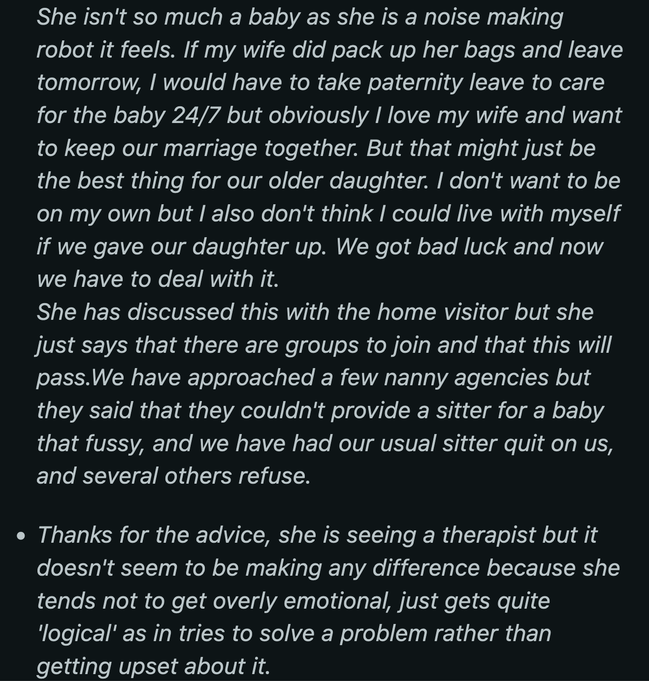 OP's wife was in therapy, but it hasn't changed how she sees or feels about their baby.