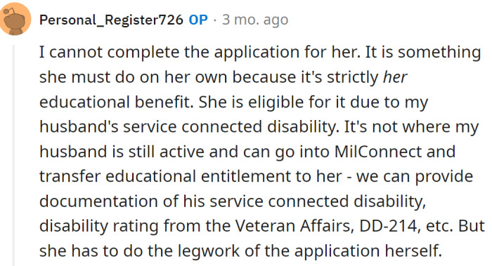 The OP explained she can't apply for her stepdaughter; she must do it herself.