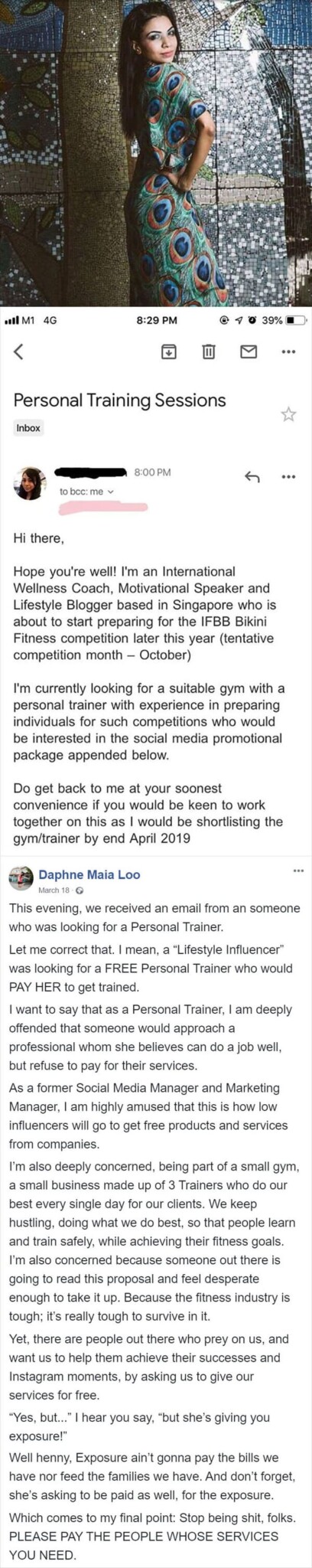 8. An influencer wanted a personal trainer to pay her for the chance to train her.