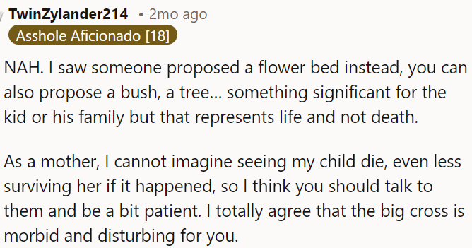 OP can suggest planting a flower bed or another living symbol instead of the cross.