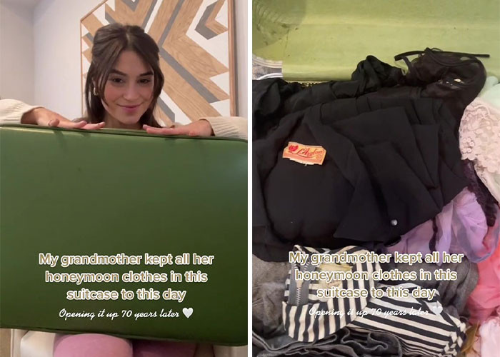 A green suitcase was passed down by her grandmother, with all of her honeymoon outfits from 1952