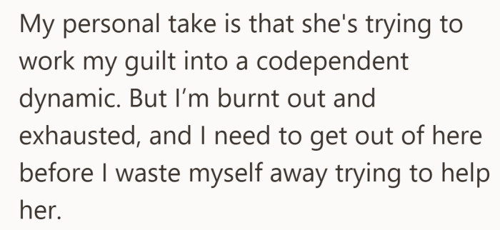 The fear is no longer about hurting someone else. It’s about losing herself by staying.