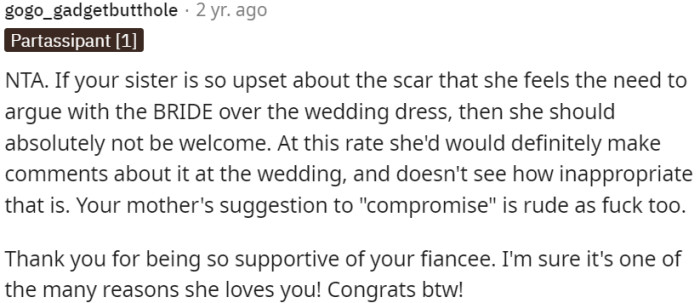 Sister's obsession with the scar and argument over the wedding dress indicates her unsuitability.
