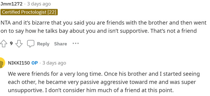 The relationship between her and her boyfriend's brother is difficult to understand, but OP replies to this comment and provides us with a bit more information.