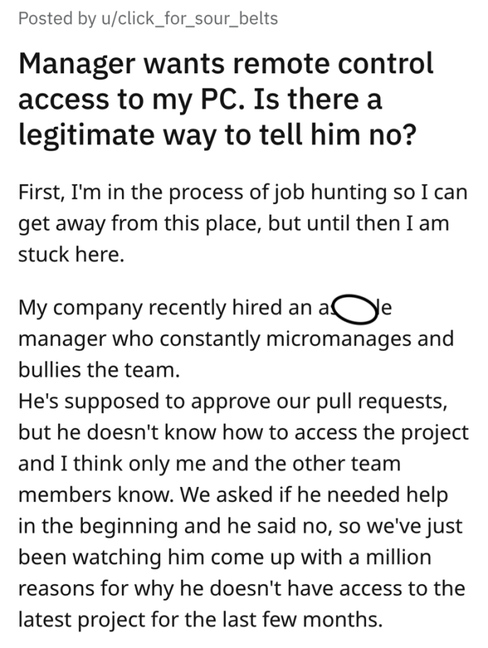1. OP is currently job hunting to leave his current workplace, which has recently hired a micromanaging and bullying manager.