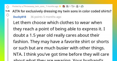 Woman's Decision To Dress Her Twin Boys In Two Different Colors To Differentiate Them Aggravates Her Husband's Cousin