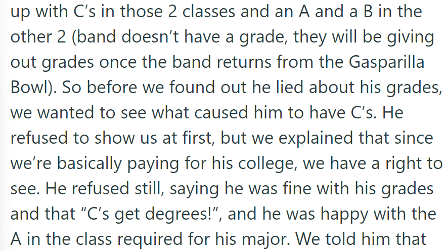 Son received C's in two classes and A's and B's in the others. He shrugged off concerns with 