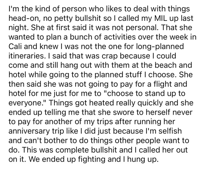 The OP confronted her MIL on why she wasn't invited, and the conversation quickly became heated.