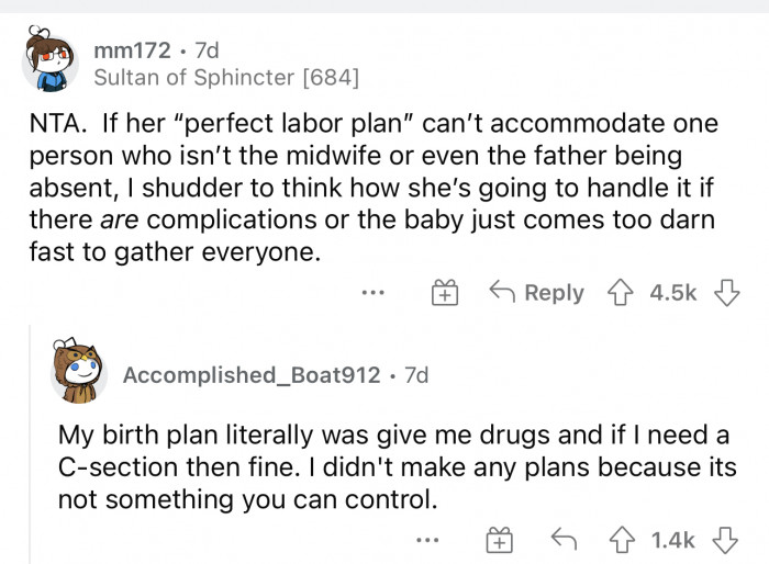 The first comment tells her that she's NTA, and we agree.