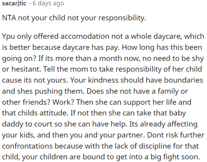 It's not OP's child; it's not her responsibility.