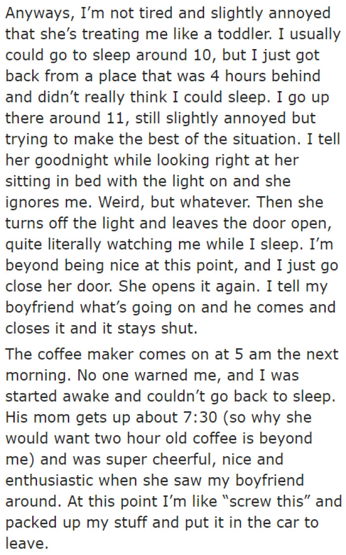 The next day, the OP woke up to the sound of the coffee maker. She couldn't go back to sleep.