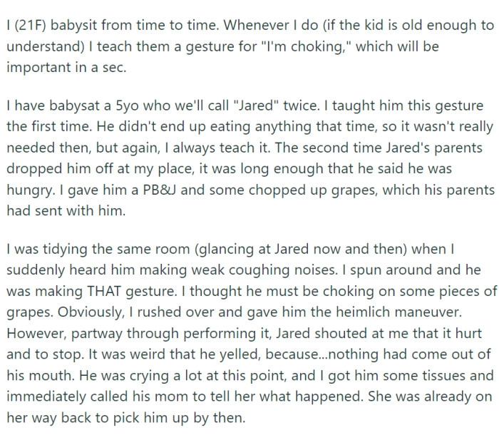 As a responsible caregiver, OP makes it a point to educate the children she babysits on safety protocols, including a specific gesture to indicate choking.