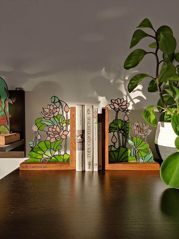 "Stained Glass Book Ends With Lotus"