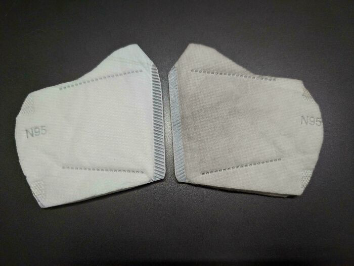 "A New 95 Mask vs. One Used For A 6 Hr Motorcycle Ride Through Delhi, India"