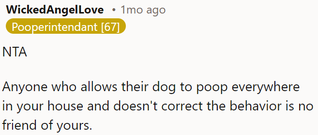 Anyone who lets their dog poop everywhere in a house without correcting it isn't a friend.