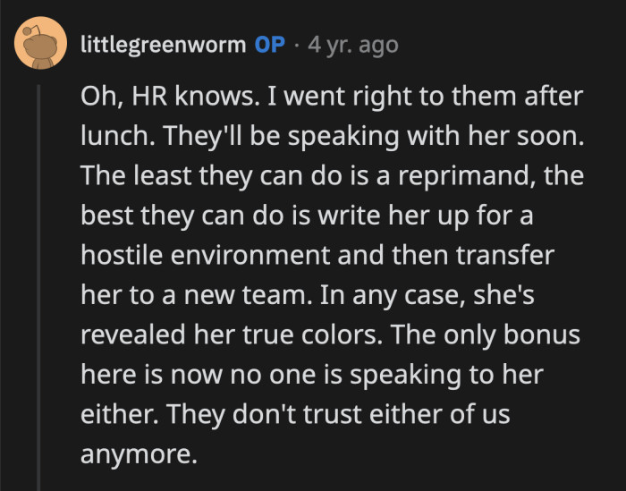 Her plan backfired. Now, their coworkers don't trust either her or OP.