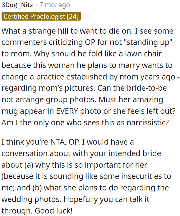 OP should have a conversation with the bride about her motivations and the wedding photos.