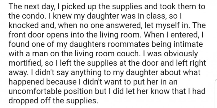 When she got to the apartment, she was shocked to walk in on her daughter's roommate making out with a man in the living room