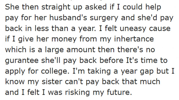 The OP's sister asked her to help with her BIL's surgery using her inheritance.