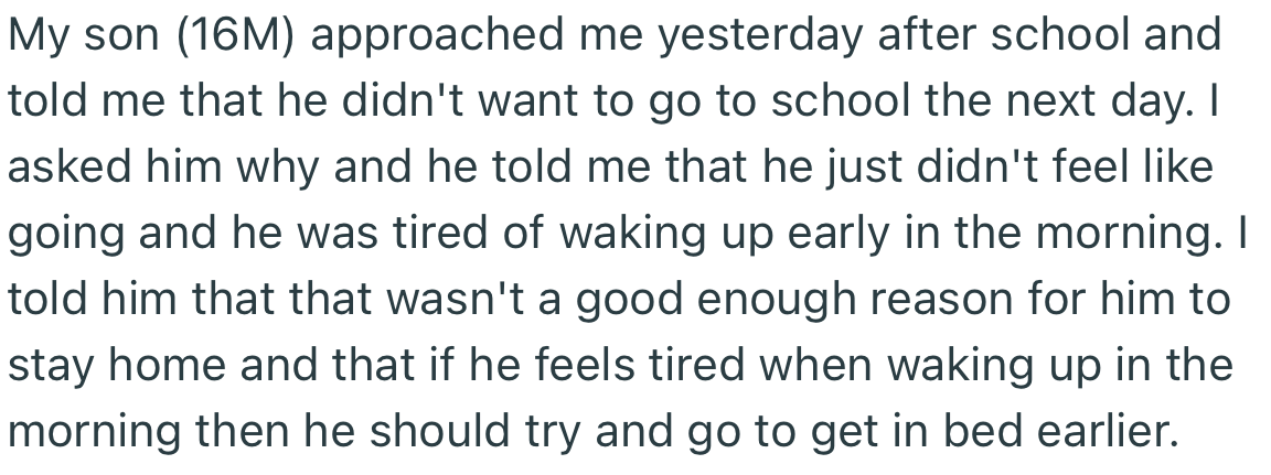 OP’s teen son approached them and revealed that he didn’t feel like going to school. However, OP shut down this idea almost immediately