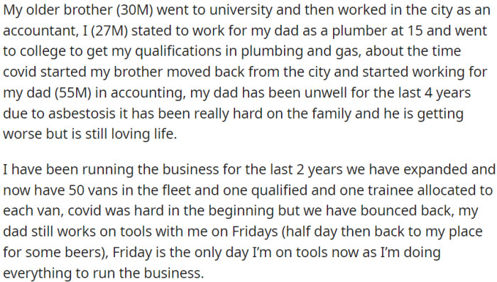 OP started working for their father as a plumber at a young age and obtained qualifications in plumbing and gas through college