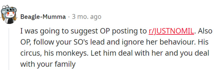 A Reddit detour to r/JUSTNOMIL sounds ideal here.