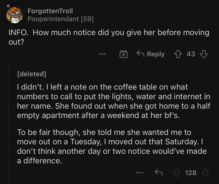 OP replied to one user's question regarding the specifics of her moving out.
